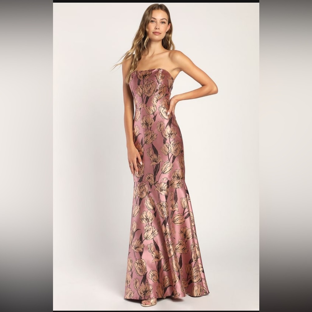 Gowning Around Mauve Floral Jacqured Strapless Maxi Dress